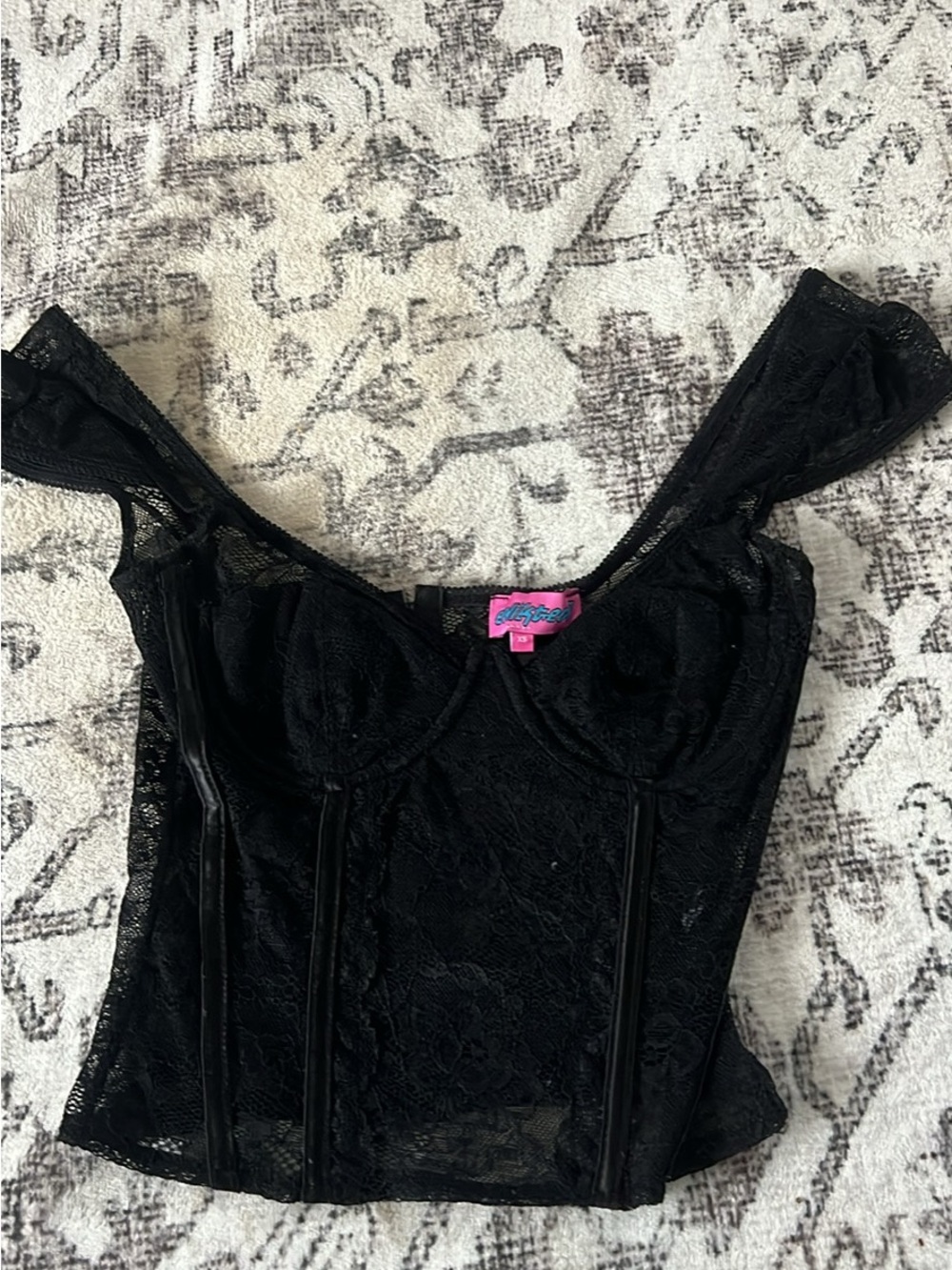 Edikted Black Lace Top with Pink Logo Tag